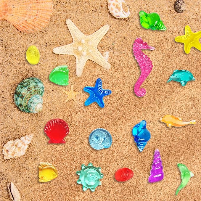 100+ Pcs Mini Sea Shell Ocean Sensory Bin Filler Diving Gem Toys for Kids | Little Acrylic Plastic Seashells Animals Figurines Decorating Crafts, Mermaid Pool Party Favors, 15 Colors 12 Styles