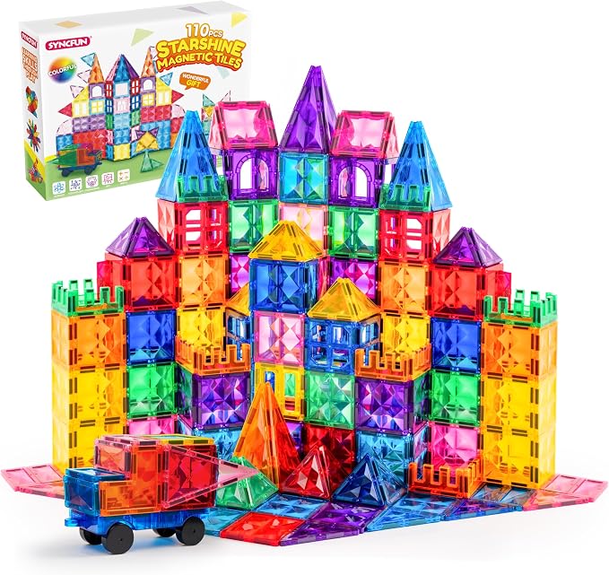 SYNCFUN 110PCS Magnetic Building Tiles - 3D Magnet Tiles with Vehicle - Construction Blocks Set for Kids - STEM Sensory Learning Educational Toys Birthday Gift for 3 4 5 6 7 Year Old