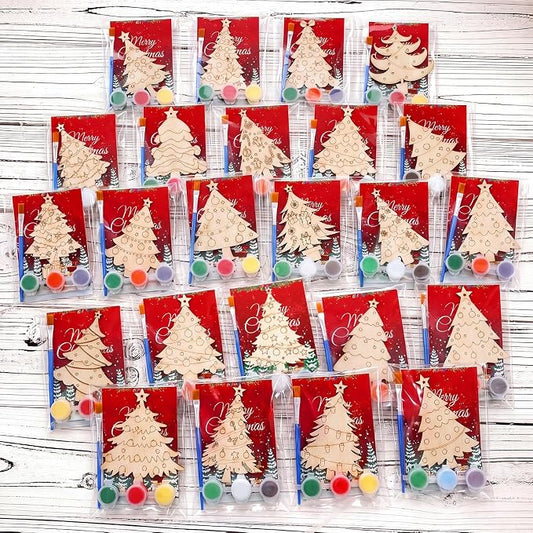 Saypacck 24 Pcs Christmas Tree Party Favors Wooden Paint Craft Kits | Includes Brushes Paints, Christmas Tree Designs, Organza Bags for Goodie Bag Fillers, Christmas Stocking Stuffer Gifts