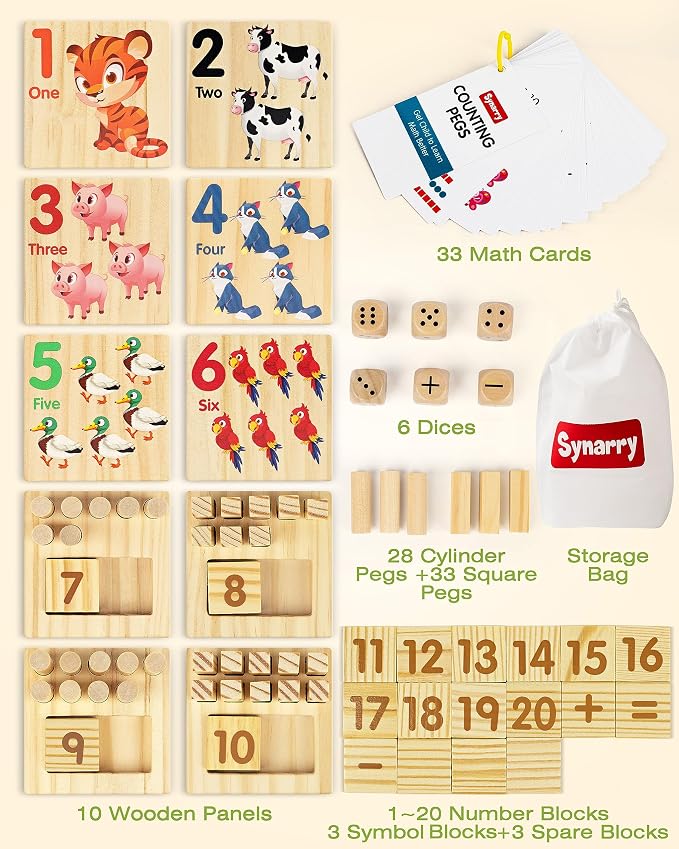 SYNARRY Wooden Counting Peg Boards - Montessori Math Manipulatives for Kindergarten Learning Activities, Number Addition and Subtraction Game, Easter Basket Stuffer Gift for Kid Ages 3-8