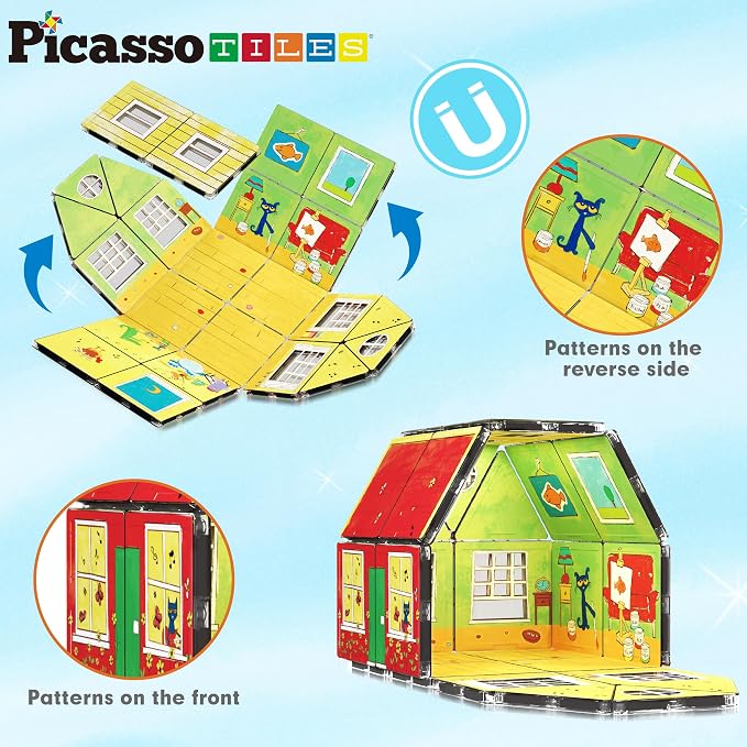 PicassoTiles Magnetic Tiles Pete the Cat Home Theme Building Blocks Double Sided Printing Toddler Magnet Toys Education STEM Learning Kit Construction Brain Development Preschool Kid Game Boy Girl 3+