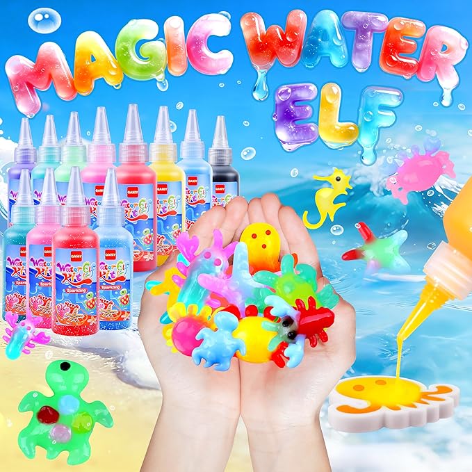 QANIY Magic Water Elf Toy Kit, Aqua Fairy Water Gel Kit,Christmas Gifts for Kids Ages with 12 Gels and 6 Molds, DIY Squishy Maker Set, Kids Christmas Gifts, DIY Crafts for Boys and Girls Ages 3+