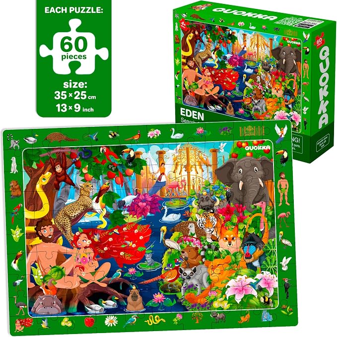 60 Piece Puzzles for Kids Ages 6-8 - 4 Jigsaw Bible Kids Puzzles Ages 4-6 | Christian Religious Puzzles for Kids Ages 8-10 - Noah's Ark Toy - Tower of Babel - Garden of Eden - Educational Children Gift