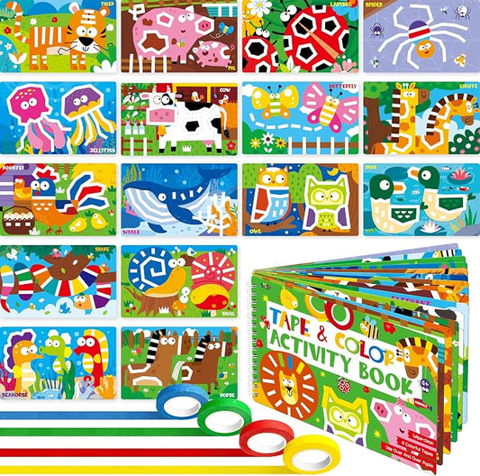 SpriteGru Tape Activity Book, 30 Dry Erase Scenes and 4 Colorful Tapes, Reusable & Erasable Pages and Easy-Tear Tapes, Fun and Creative Animal Theme Game Pad for Road Trip, Travel, At Home