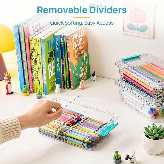 Vtopmart 1.5Qt Stackable Clear Pencil Box with Removable Divider, 12 Pack | Storage Containers for Pens, Pencils, Crayons,Craft, Sticker and Office Supplies, BPA-Free PET Plastic,Secure Side Latches