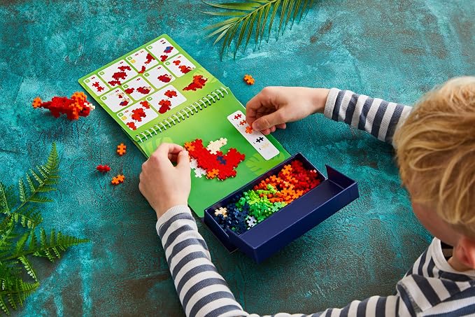 PLUS PLUS Puzzle By Number Activity Pad, Dinosaurs | Airplane Activities & Roadtrip Essentials for Kids, Interlocking Mini Building Blocks, 2D 3D Puzzle Stem Toy
