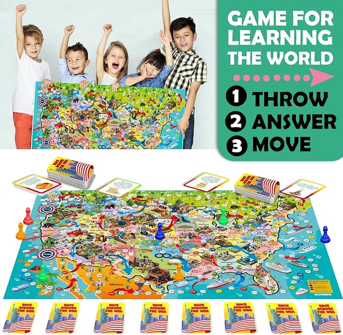 QUOKKA Board Game for Kids 8-12 - Learning, Educational Card Games for Ages 6-8 - Indoor, Outdoor Activity for Teens, Adults, Family - Geography, United States 100 Question Cards with Top Facts