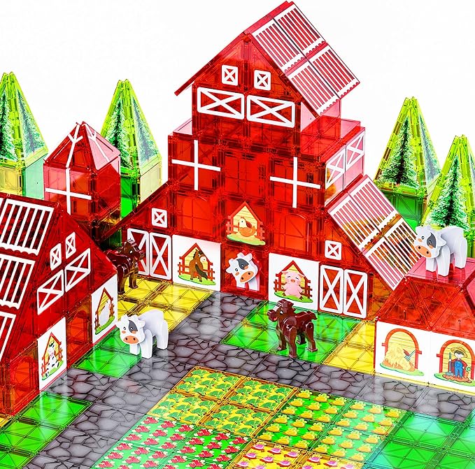 SKTMYY Magnetic Tiles Farm Animal Toy Set with Interactive Cow & Horse, Magnetic Building Blocks for Kids Ages 3-5 4-8 5-7, Magnet Tiles Educational STEM Toy for Boys & Girls