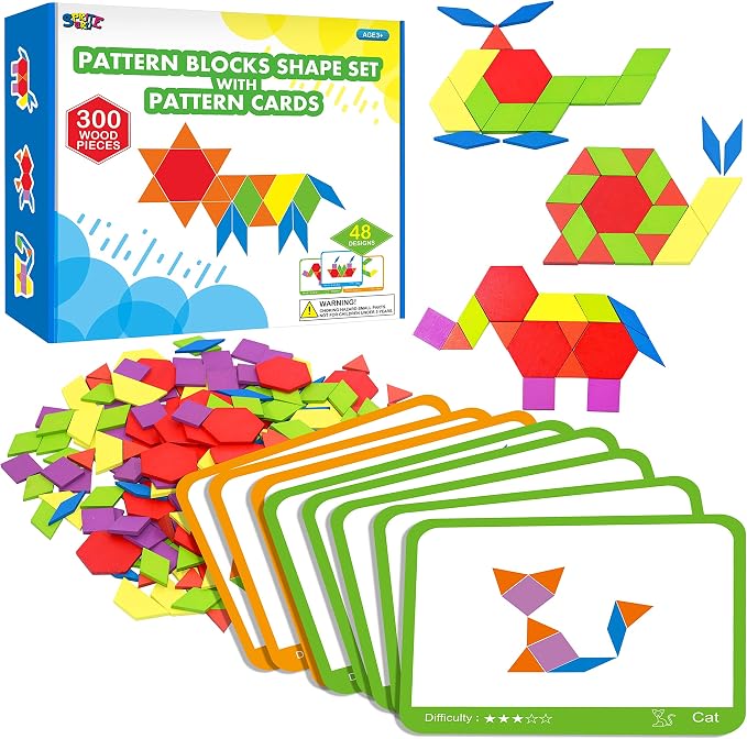 SpriteGru 300 PCS Wooden Pattern Blocks Set for Kids with 24 Double-Sided Design Cards(48 Patterns) and Storage Bag in Gift Box,Fun Montessori Learning Toys