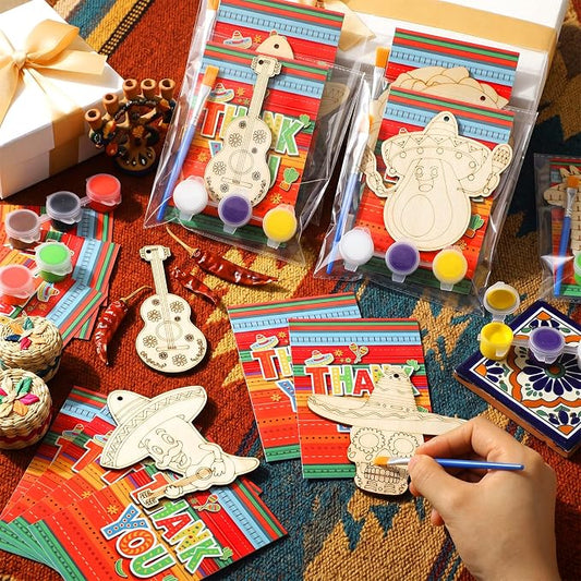Saypacck 24 Pcs Mexican Taco Party Favors Wooden Paint Craft Kits | Mexican Taco Theme Painting Crafts, Fairy Princess Unicorn Party Supplies, Organza Bags Included for Goodie Bag Fillers