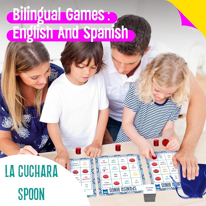 SpriteGru Spanish Bingo Game, 25 Bingo Board Spanish & English Vocabulary Word Game Bilingual Educational Toys for Language Learning - Ages 5 and up (Up to 25 Players)