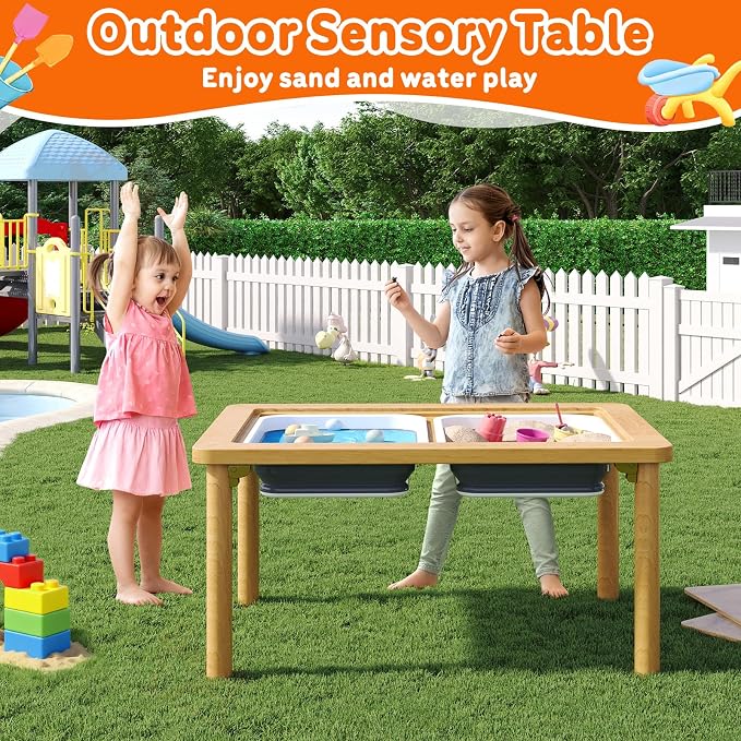 FUNLIO Foldable Wooden Sensory Table with 2 Bins for Toddlers, Kids Sensory Table with Anti-Warping Plywood Lid, Indoor/Outdoor Play Sand and Water Set, CPC Certified