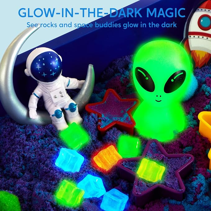 JOVA Klever Kits Outer Space Sensory Bin for Kids with Glow in The Dark Alien and Rocks, Sandbox with Lid Dual-Color Sand, Preschool Learning Activities Gifts for Boys Girls Age 3+