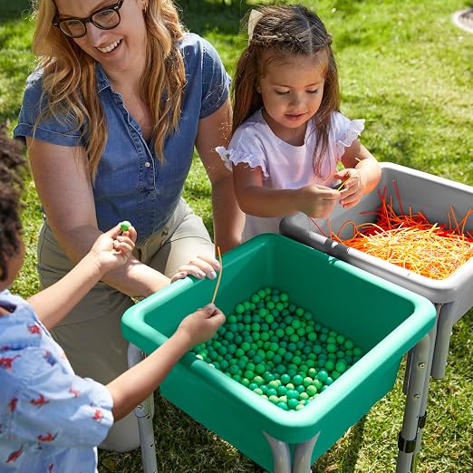 ECR4Kids 2-Station Sand and Water Adjustable Play Table, Sensory Bins, Grey/Emerald | Durable plastic/steel, GREENGUARD Gold Certified, 3-5 years, 80 lb capacity, adjustable legs, easy-lift lids, indoor/outdoor