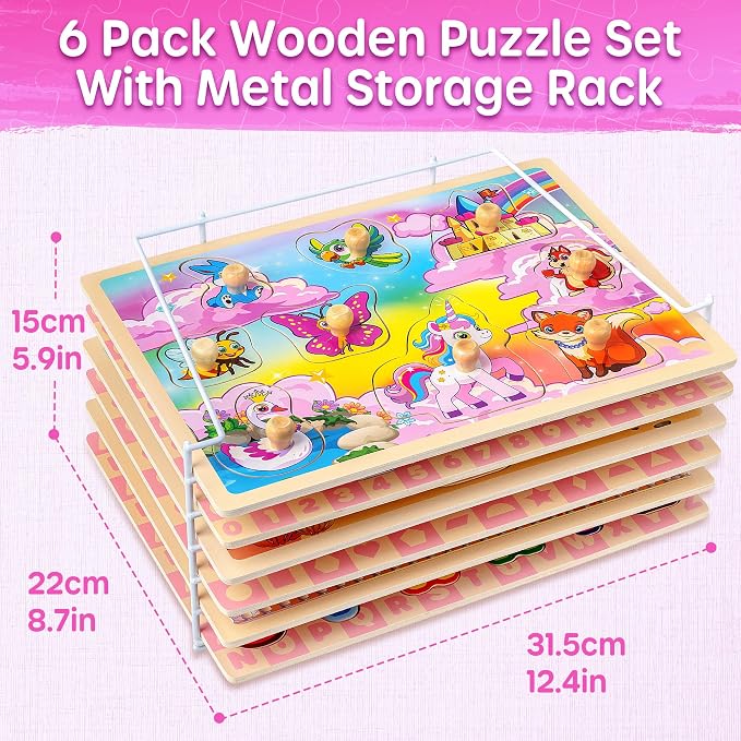 SYNARRY Wooden Puzzles for Toddlers 1-3, 6XSET Toddlers Puzzles Ages 1-3 with Rack, Learning Alphabet Number Shape Unicorn Princess Mermaid Animal, Gifts Toys for Girls Ages 2-4