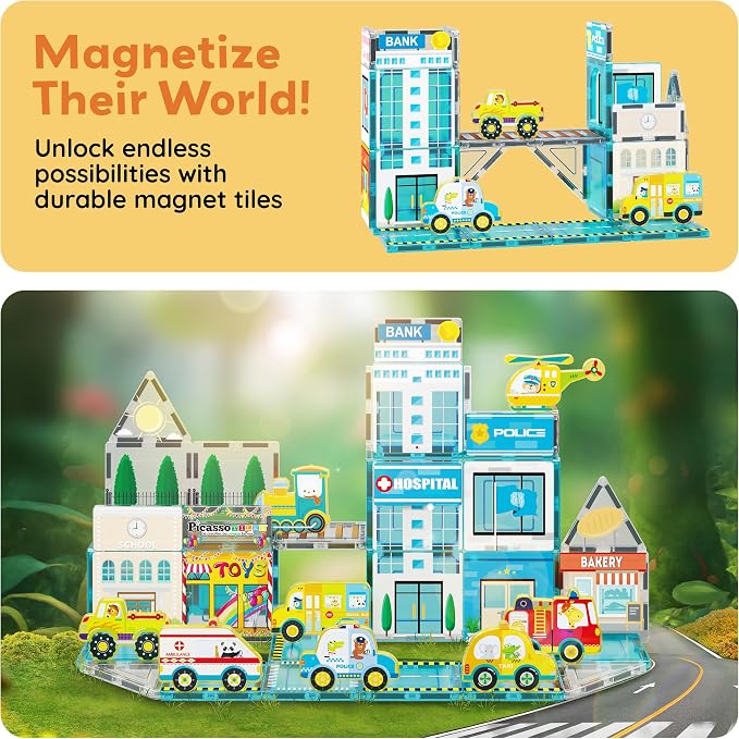 PicassoTiles Metro City Hospital Magnetic Tiles, STEM Building Set Ages 3+ | 8 vehicles and figures, illustrated road and rescue scenes, imaginative role play, screen-free learning for curious minds