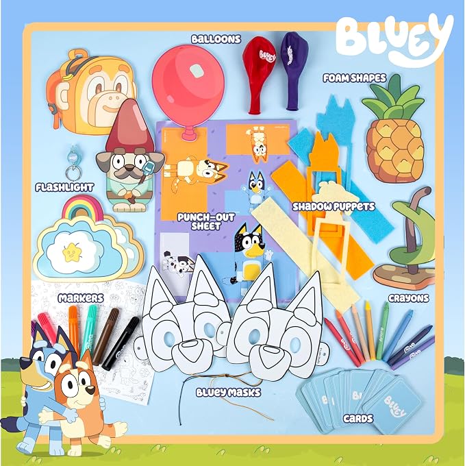 Bluey Imagination Case, 15 Games & Activities, Travel-Friendly Playset With Markers, Crayons, Balloons, Puppets & Games for 3 Year Olds, Fun Bluey Toys & Toddler Games, Party Decorations