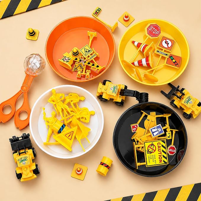 144PCS Construction Sorting and Counting Materials Set, Activity Set, Fine Motor Manipulatives with Vehicle and Road Sign Pieces for Classroom, Home & Travel Use（Construction）