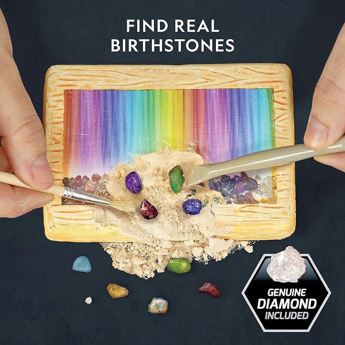 National Geographic Birthstone Dig Kit with 12 Genuine Gemstones for Kids | Real Diamond, Ruby, Sapphire & Pearl Specimens, 12 Genuine Birthstones, Gem Mining Activity, Rock Collection, Birthday Gift