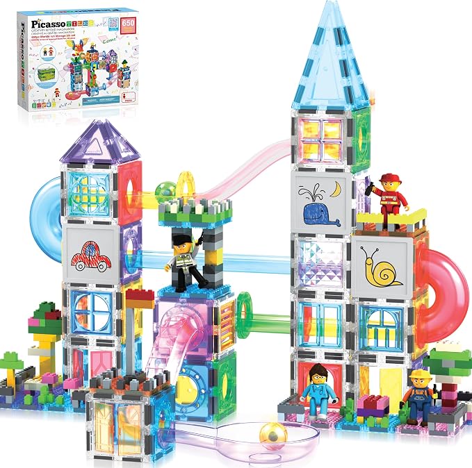 PicassoTiles 650PCS Magnetic Marble Run Tiles and Brick Combo Magnet Tile Building Blocks Magnet Set with Character Action Figures Educational Preschool Learning Toys for Kids Toddlers Ages 3+ PB650