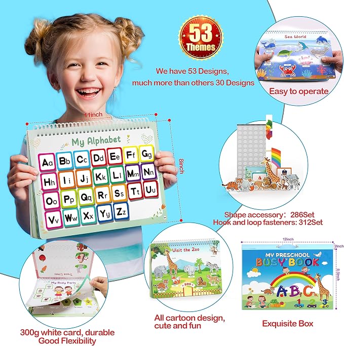 WJPC 53 Designs Busy Book for Toddlers 1,2,3,4,5,6 Years. Preschool Learning Busy Board Kids Boys&Girls Quiet Montessori Toddler Activity Book, Tracing Coloring