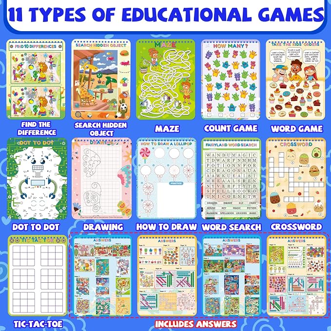 Elfew 2 Pack Reusable Wipe Clean Travel Game Activity Books for Kids 8-12 | 11 in 1 Types of Games, Reusable, PET Lamination, Spiral Binding, Portable, Designed for Travel, Tear Resistant,