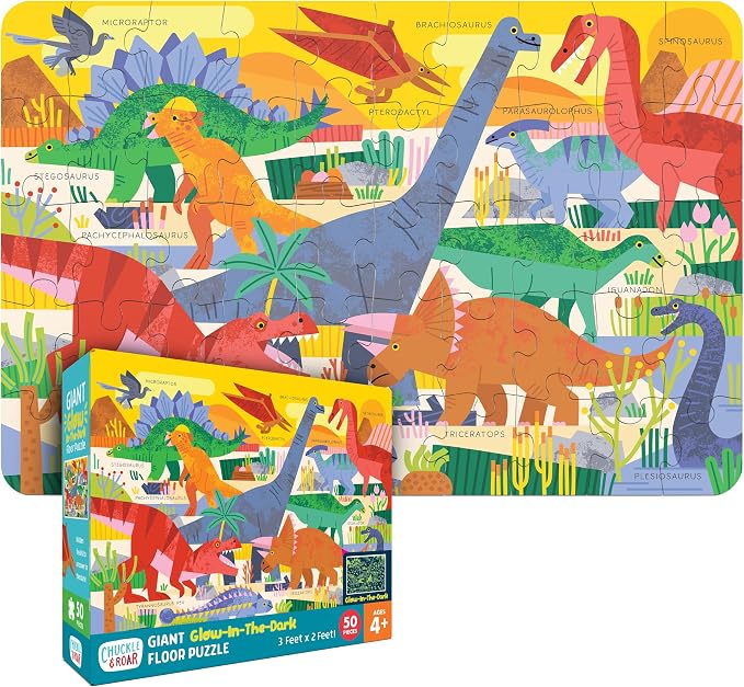 Chuckle & Roar - 50 Piece Dinosaur Floor Jigsaw Puzzle for Kids Ages 4-8 | Glow in the Dark, Dinosaur Large Pieces,3ft x 2ft giant format, Educational,Fine Motor Skills, Giftable