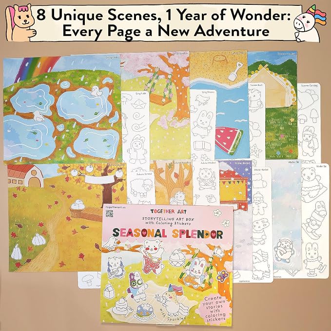 Seasonal Splendor 4-in-1 Four Seasons DIY Coloring Your Own Stickers Kit - Year-Round Arts and Crafts for Kids, Travel Activities, Storytelling Sticker Set, Boys Girls Ages 3-10+