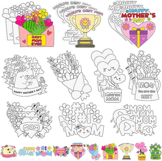 Mother's Day Coloring Arts Crafts Kits - 30Pcs Color Your Own Happy Mother's Day Magnets for Kids DIY Flower Heart Coloring Magnets for Holiday Party Fridge Refrigerator School Activities Decorations
