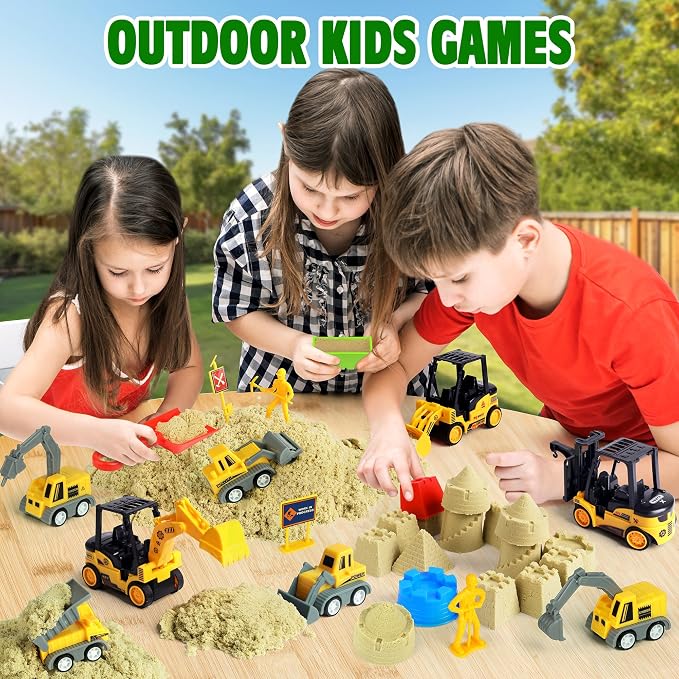Billeeit Sand Construction Kit w/Sand Box and 2.2lbs Sensory Bin Play Sand | Including 15 In Foldable Sand Box, 8 Truck Toys, Castle Molds and Other Accessories 36Pcs Set, Gifts for Kids 3+