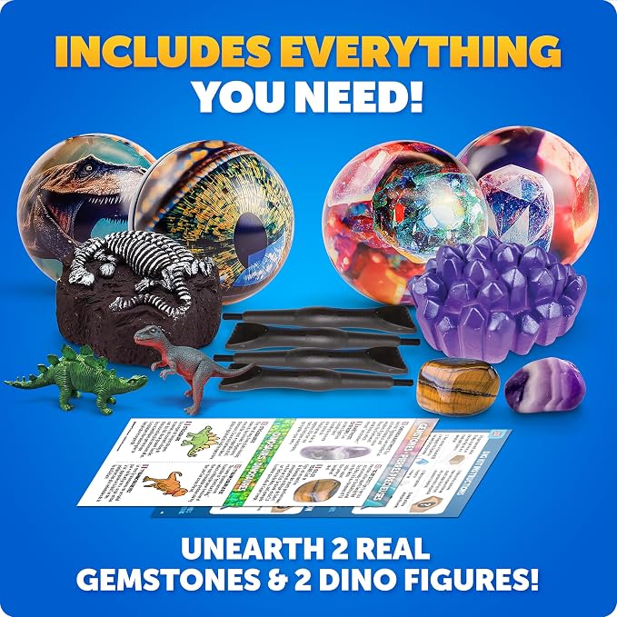 Blue Marble Christmas Ornament Dig Kit with 4 Science Surprises for Kids | 4 Dig Kit Ornaments, Gemstone and Dinosaur Dig Bricks, Excavation Activity, Christmas Craft, Stocking Stuffers