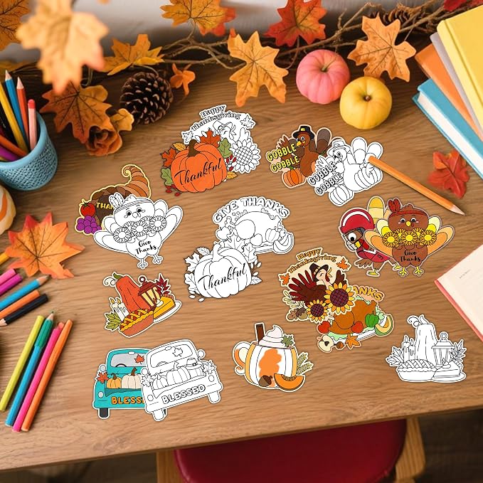 Thanksgiving Coloring Arts Crafts Kits - 30Pcs Fall Color Your Own Magnets for Kids Turkey Pumpkin Blank DIY Coloring Magnets for Autumn Party Fridge Refrigerator School Classroom Activities Decors