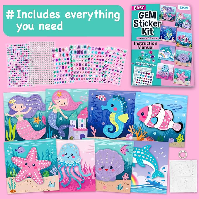 EZCRA Mermaid Gem Sticker Kit for Kids - 800 Stickers, 8 Underwater Themes | Diamond Art Stickers and Gem Craft Set. Mess-Free and DIY Arts and Crafts. Birthday and Holiday Gift for Girls Ages 3-8.