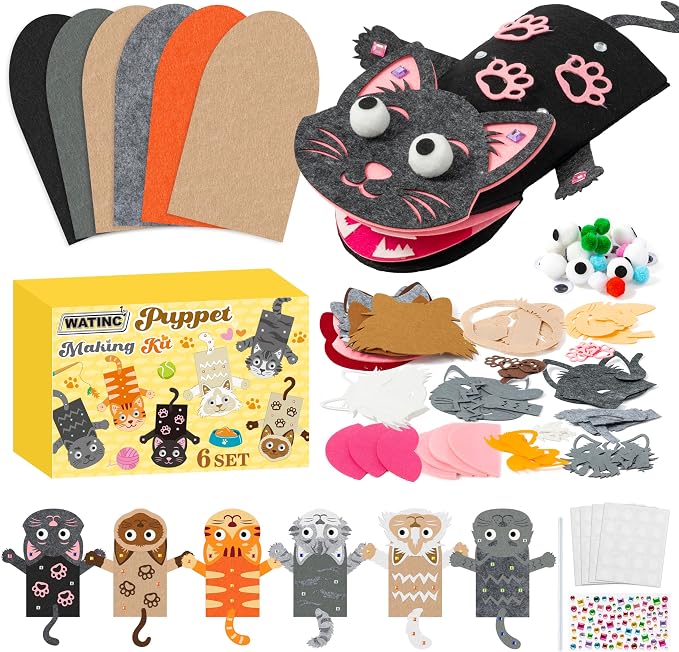 WATINC Hand Puppet Making Kit, Felt Sock Puppet Toys for Kids (Cat A) | 6 Styles, Make Your Own Storytelling & Role Play Crafts, Creative Group Activity, Party Favors & Gifts for Kids Ages 4-8