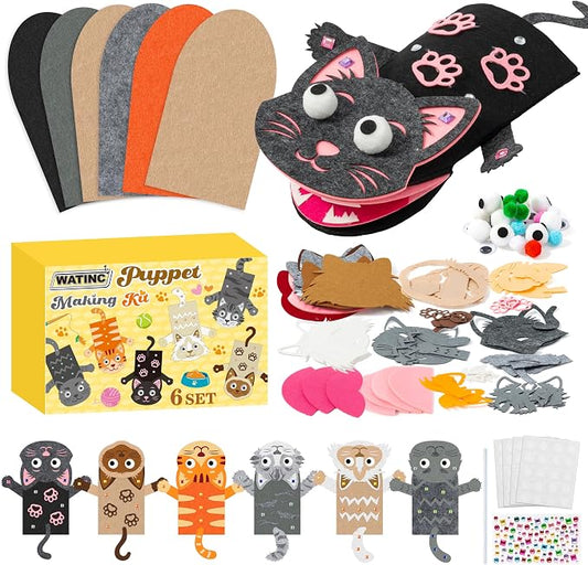 WATINC Hand Puppet Making Kit, Felt Sock Puppet Toys for Kids (Cat A) | 6 Styles, Make Your Own Storytelling & Role Play Crafts, Creative Group Activity, Party Favors & Gifts for Kids Ages 4-8