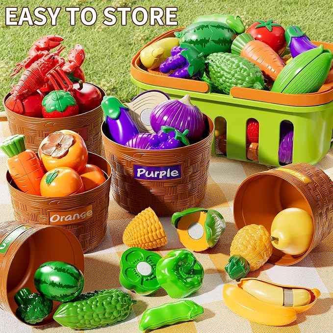 NIPLOOOW Play Food Set for Kids, Toddler Learning Toys, Cutting Food Toy Color Sorting Set, Pretend Food Play Kitchen Accessories for Kids, Birthday Gifts for 3-8 Years old Boys Girls Educational Toys