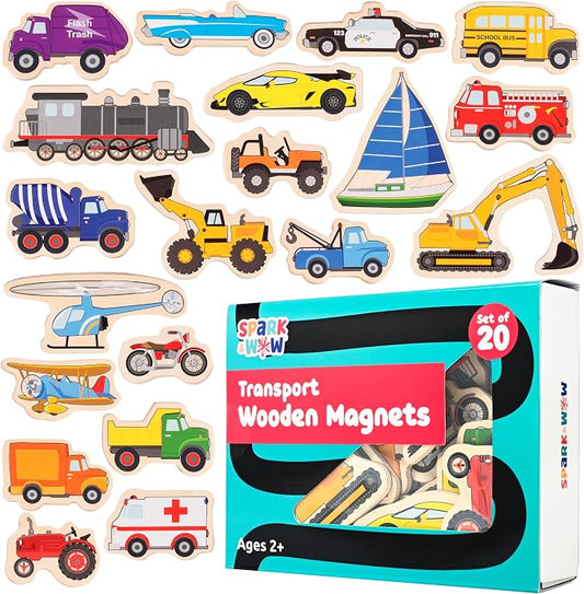 Spark & Wow Wooden Magnets, Transport | Magnets for Kids Ages 2+, Perfect for Fridges, Whiteboards and More