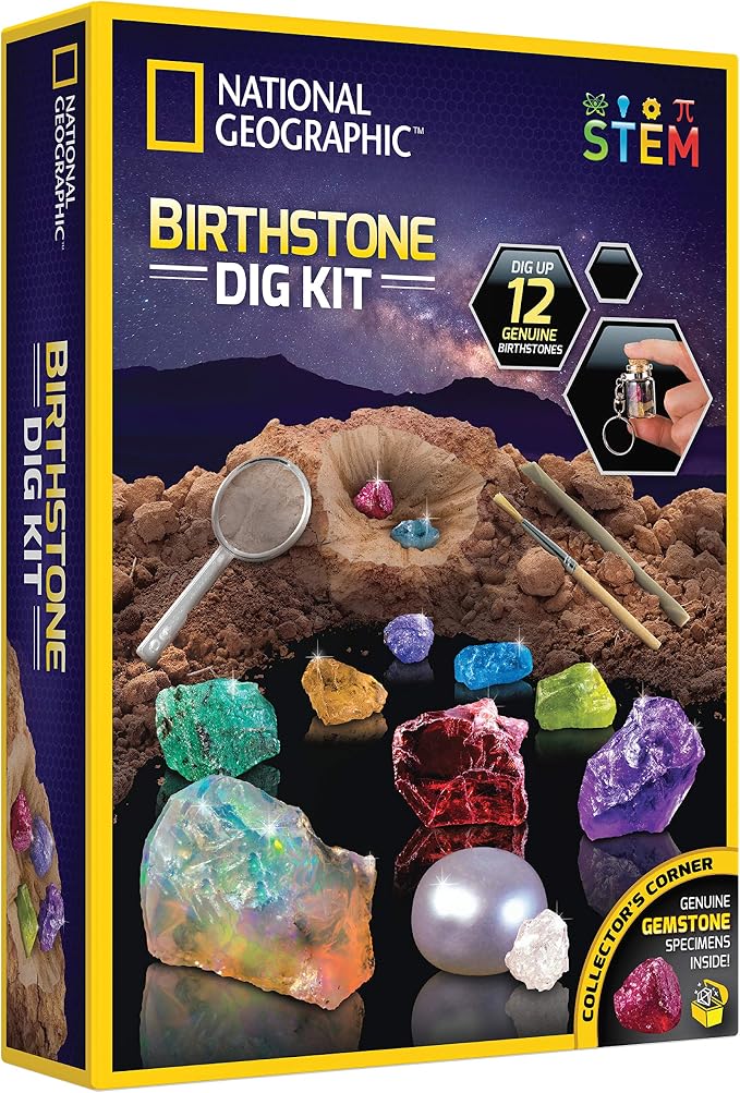 National Geographic Birthstone Dig Kit with 12 Genuine Gemstones for Kids | Real Diamond, Ruby, Sapphire & Pearl Specimens, 12 Genuine Birthstones, Gem Mining Activity, Rock Collection, Birthday Gift