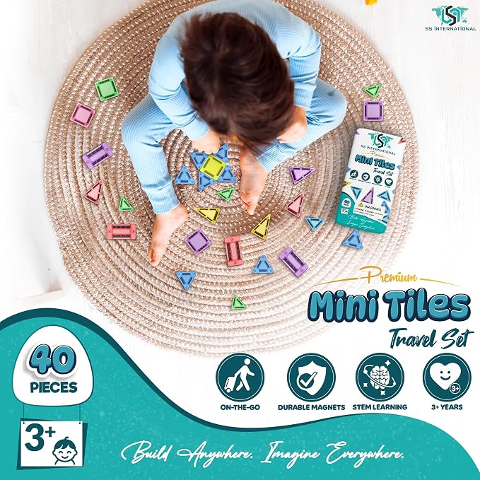 40 PCS Mini Magnetic Tiles Travel Set with Premium Metal Storage Case | Travel magnetic tiles designed for ages 3+ keep kids entertained during road trips, flights and family vacations.