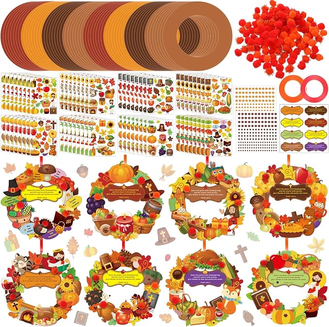 Hollowfly 48 Set Thanksgiving Wreath Craft Kits DIY Christian Ornament | Christian Thankful Fall Designs, Hanging Ornaments, Ideal for Thanksgiving Decor, Sunday School Crafts & Church Party Favors