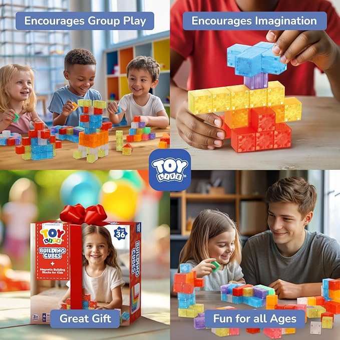 TOY Life Translucent Magnetic Blocks, 36-Piece STEM Set, Ages 3-8 | rainbow-clear cubes, smooth ABS plastic, strong connections, tower and shape play