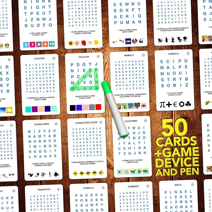 Word Search Travel Game - 100 Puzzles with Picture Clues | 50 Wipe Clean Cards with Slide Reveal case and Pen | Activity, Gift, Stocking Stuffer | for Kids and Adults, Age 6+
