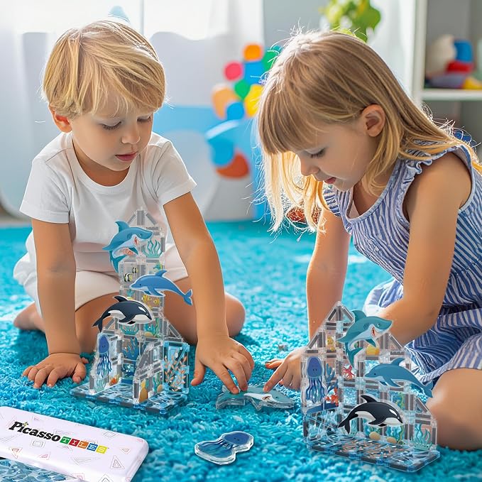 PicassoTiles Magnetic Tiles Aquarium Marine Animal Nano Construction Travel Set with Tin Storage Case Montessori Mini Magnet Tile Traveling STEM Activity Kit Early Learning Boys Girls Ages 3+ PNQ01