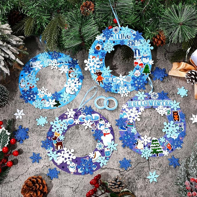 Hollowfly 48 Sets Winter Snowflake Wreath Craft Kits | Snowman, Penguin, Elk, Sweater and Snowflake Stickers, 7.09 in Paper Wreaths, for Winter and Christmas Group Activities