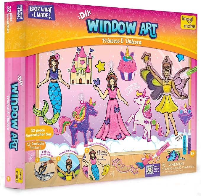 Imagimake Window Art - Princess & Unicorn, DIY Mess-Free Suncatcher Kit | Stained Glass Painting Craft Activity for Kids, Birthday Gift for Girls Ages 5,6,7,8,9,10,12 Years Old