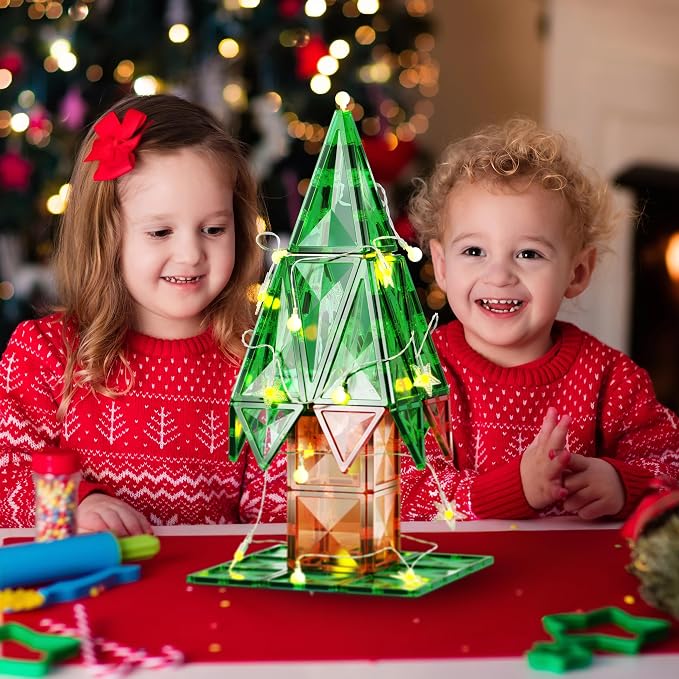 PicassoTiles 106pc Magnetic Tiles LED Light-Up Tree Toy Holiday STEM Toys for Kids Educational Magnet Building Blocks Gift for Toddlers Boys Girls Christmas Montessori Puzzle Play Set Ages 3+ PT106