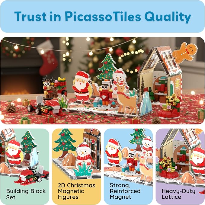PicassoTiles Magnetic Tiles Building Brick Block Advent Calendar Christmas Theme Set Gingerbread House Holiday Toy Piece Surprise Countdown Magnet Tile STEM Learning Educational Gift for Kids PTA50