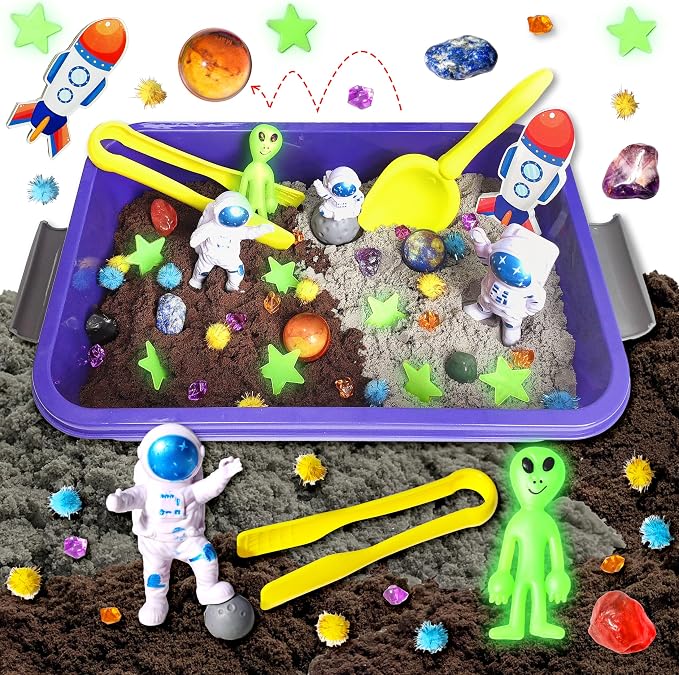 Carolart Galaxy Sensory Bin with Sensory Sand, Gem Dig Kit for Kids | Space sensory kit with alien, STEM toys science kit with real gemstones, gift for boys ages 3-8