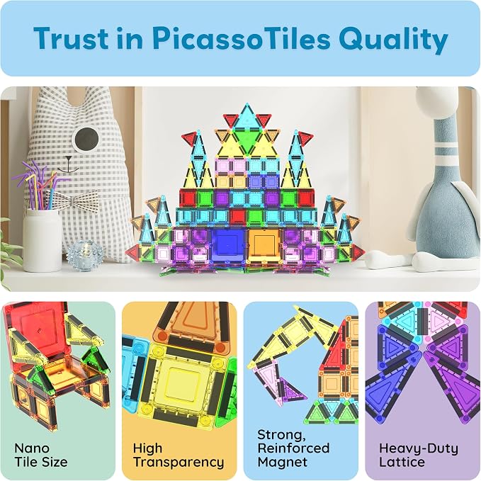 PicassoTiles 100PC Travel Nano Magnetic Tiles Construction Building Blocks Toy with Storage Case Educational STEM Learning Build Kit 3D Magnet Tile Stacking Block Toys for Kids Boys Girls Ages 3+ PN04