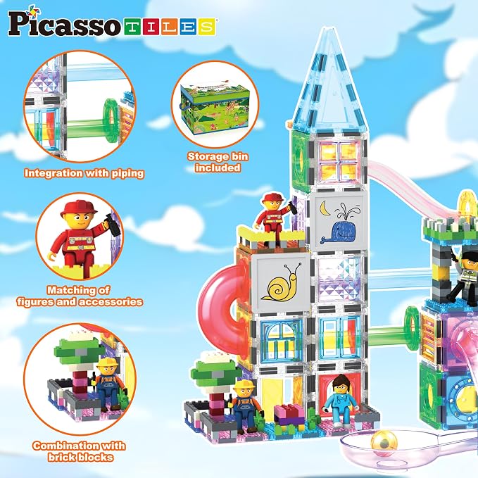 PicassoTiles 650PCS Magnetic Marble Run Tiles and Brick Combo Magnet Tile Building Blocks Magnet Set with Character Action Figures Educational Preschool Learning Toys for Kids Toddlers Ages 3+ PB650